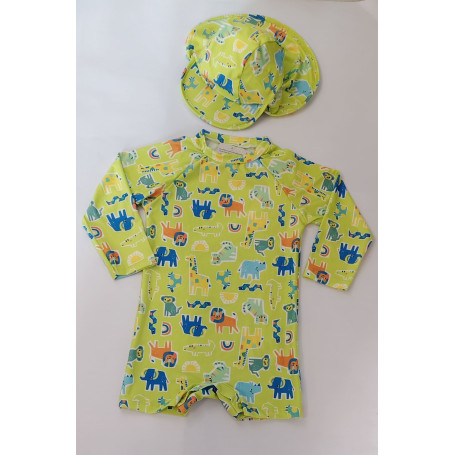 Macaquinho Praia Bebê com Boné Proteção UV Safari Verde Limão 
