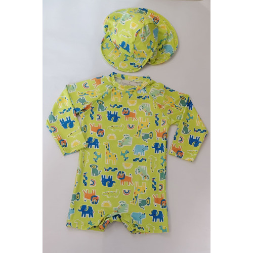 Macaquinho Praia Bebê com Boné Proteção UV Safari Verde Limão Macaquinho Praia Bebê com Boné Proteção UV Safari Verde Limão